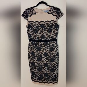 ANTONIO MELANI Black Lace Overlay Nude Sheath Midi Dress
